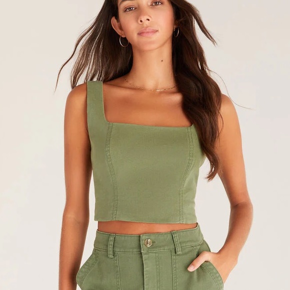 Z Supply mika cotton twill tank square neck corset crop size medium olive green - Picture 2 of 14